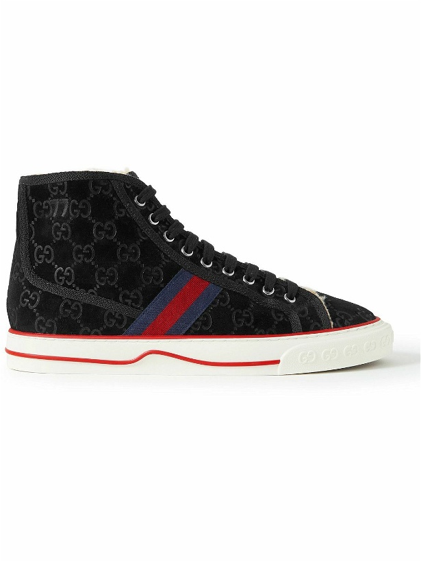 Photo: GUCCI - Tennis 1977 Shearling-Lined Webbing-Trimmed Monogrammed Suede Sneakers - Black