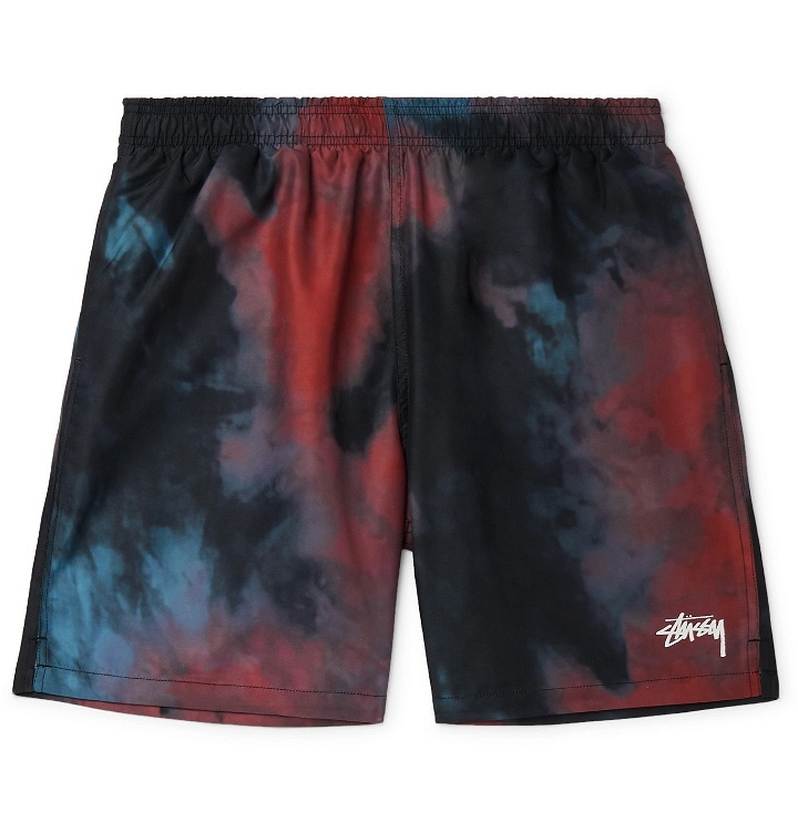 Photo: Stüssy - Mid-Length Logo-Print Tie-Dyed Swim Shorts - Black