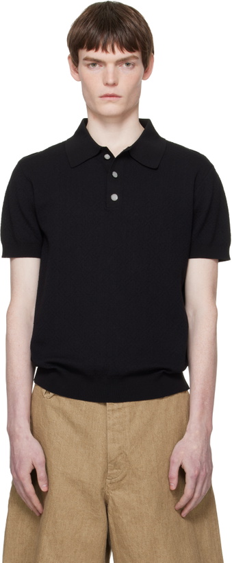 Photo: Casablanca Black Pointelle Monogram Short Sleeve Polo