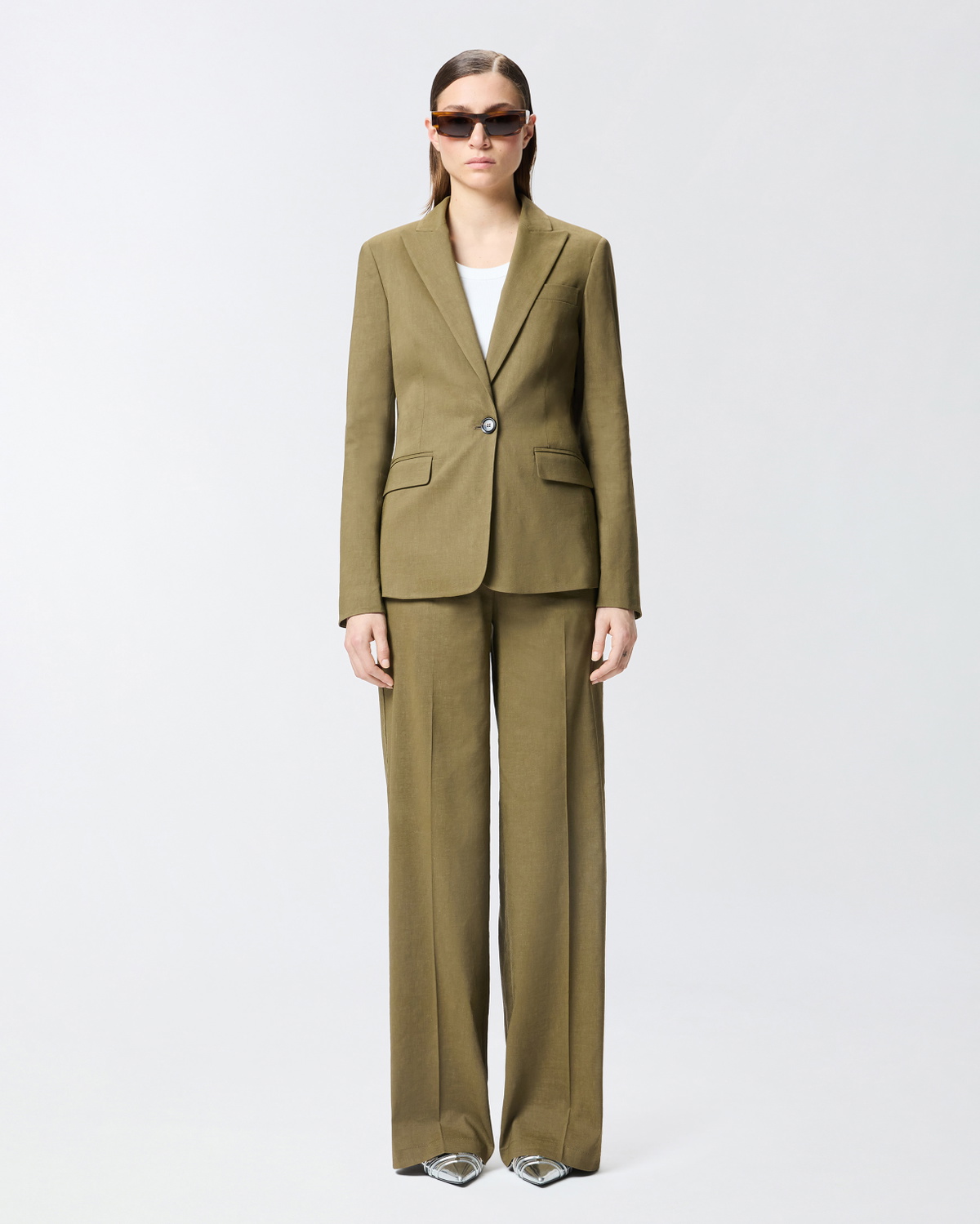 Pinko Single Breasted Stretch Linen Blazer Military Olive Green
