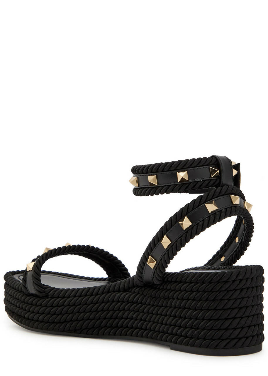 Valentino Rockstud Torchon Silk Espadrille Wedge Sandals Black