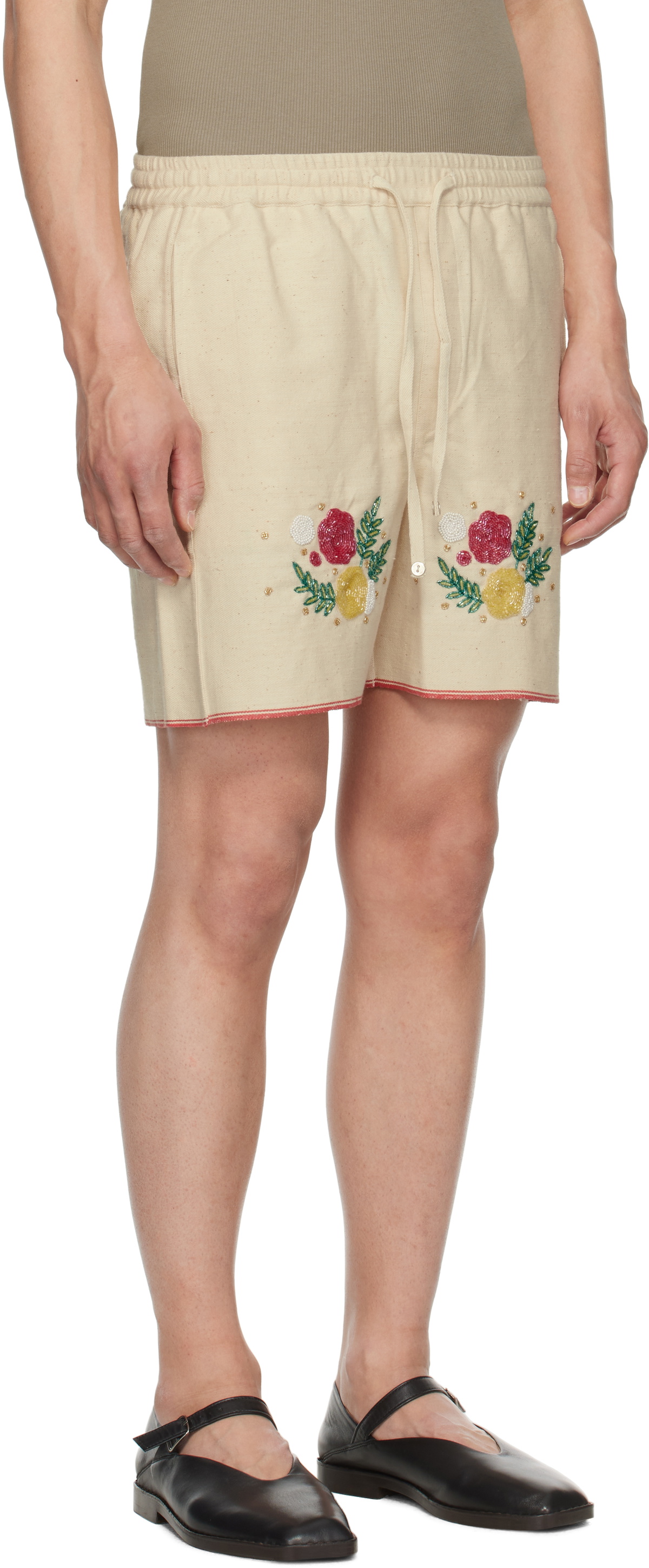 HARAGO Off-White Beadwork Floral Shorts