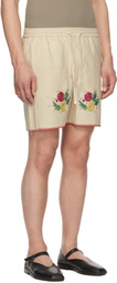 HARAGO Off-White Beadwork Floral Shorts