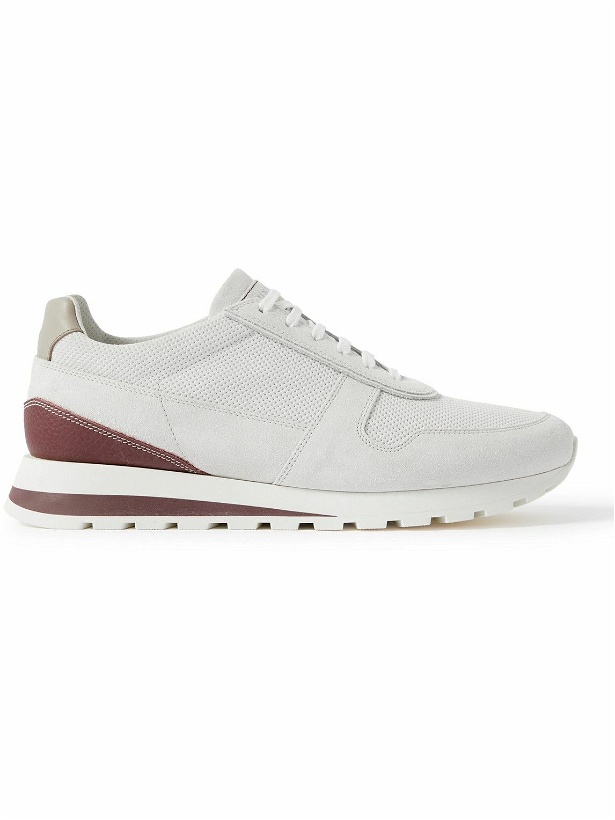 Photo: Brunello Cucinelli - Olimpo Leather-Trimmed Perforated Suede Sneakers - White