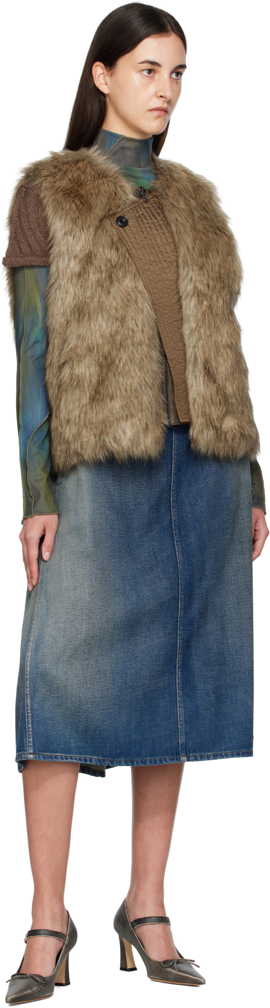 Andersson Bell Brown Curved Placket Reversible Faux-Fur Vest