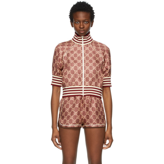 Photo: Gucci Burgundy Silk GG Supreme Short Sleeve Track Jacket