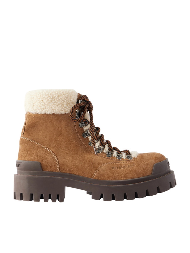 Photo: Balenciaga - Shearling-Trimmed Suede Boots - Brown