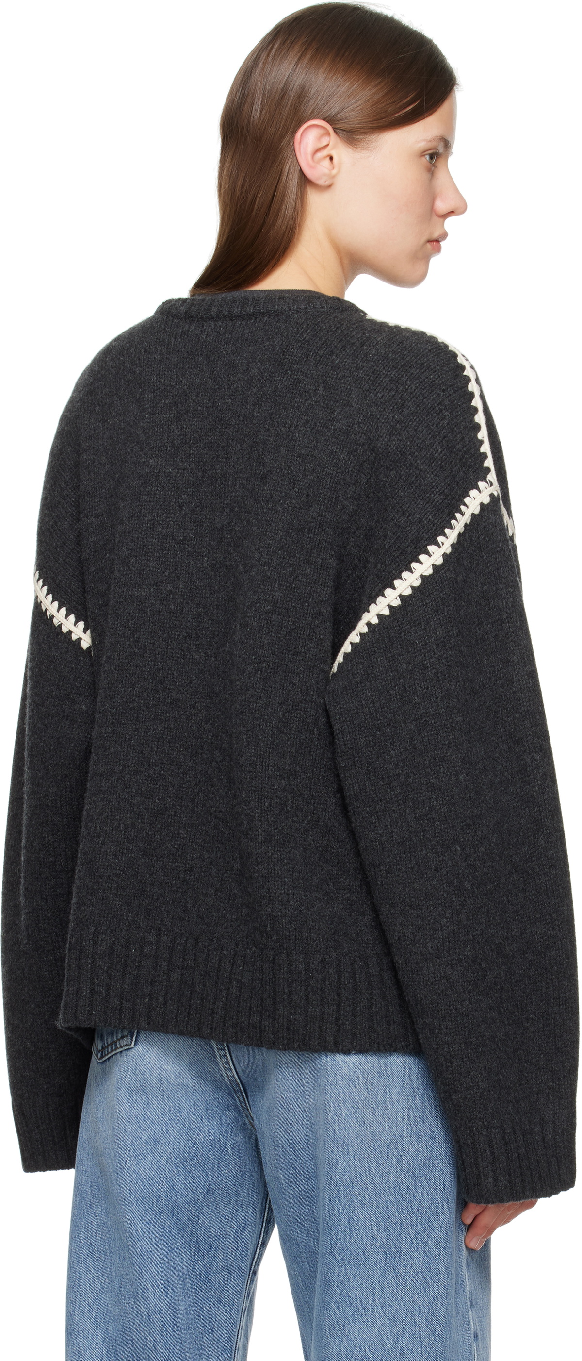 TOTEME Gray Embroidered Wool Cashmere Knit Sweater Toteme