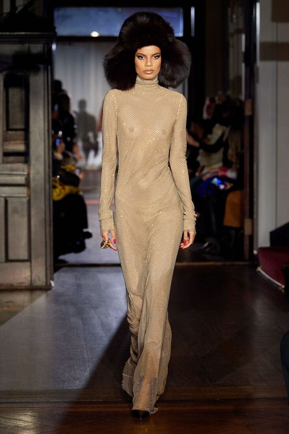 LaQuan Smith Crystal-embellished mesh turtleneck gown