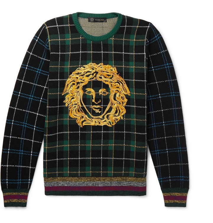Photo: Versace - Logo-Embroidered Tartan Wool Sweater - Men - Green
