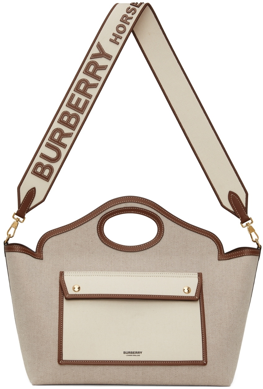 Pocket Medium Leather Trimmed Canvas Tote in White - Burberry