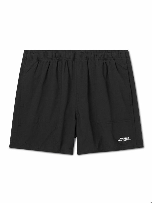 Photo: Saturdays NYC - Talley Straight-Leg Mid-Length Embroidered Swim Shorts - Black