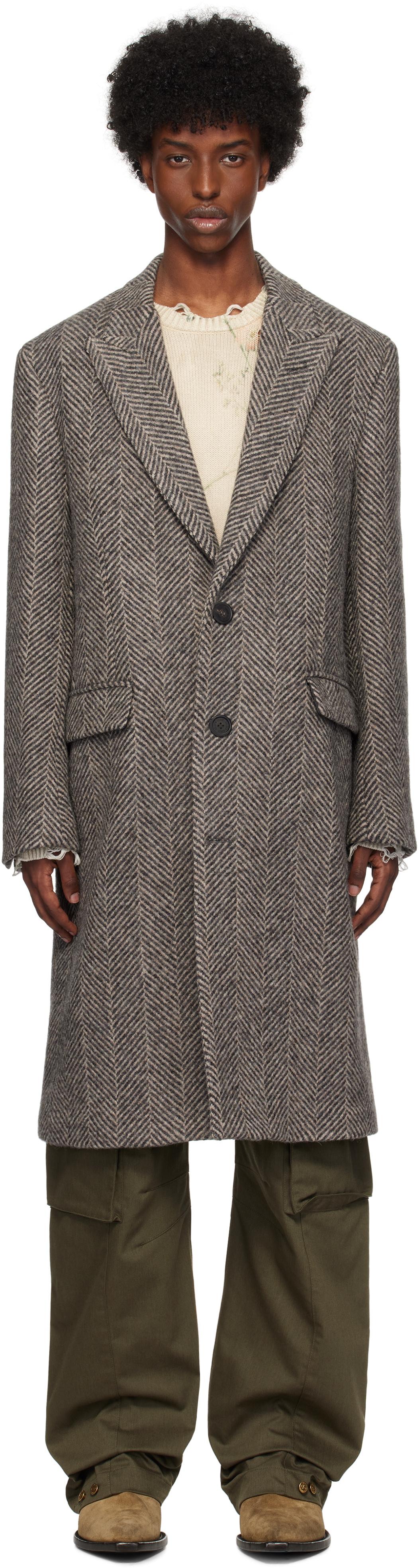Golden Goose Gray Single-Breasted Wool Herringbone Coat