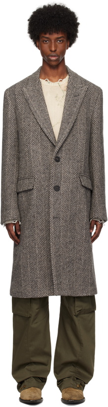 Photo: Golden Goose Gray Single-Breasted Wool Herringbone Coat