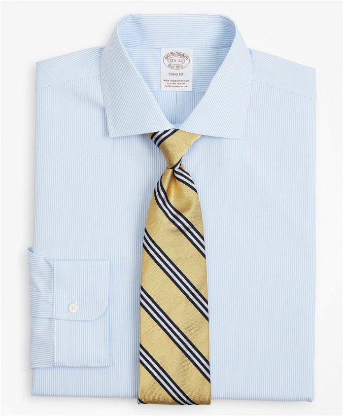 Photo: Brooks Brothers Men's Stretch Soho Extra-Slim-Fit Dress Shirt, Non-Iron Poplin English Collar Fine Stripe | Light Blue