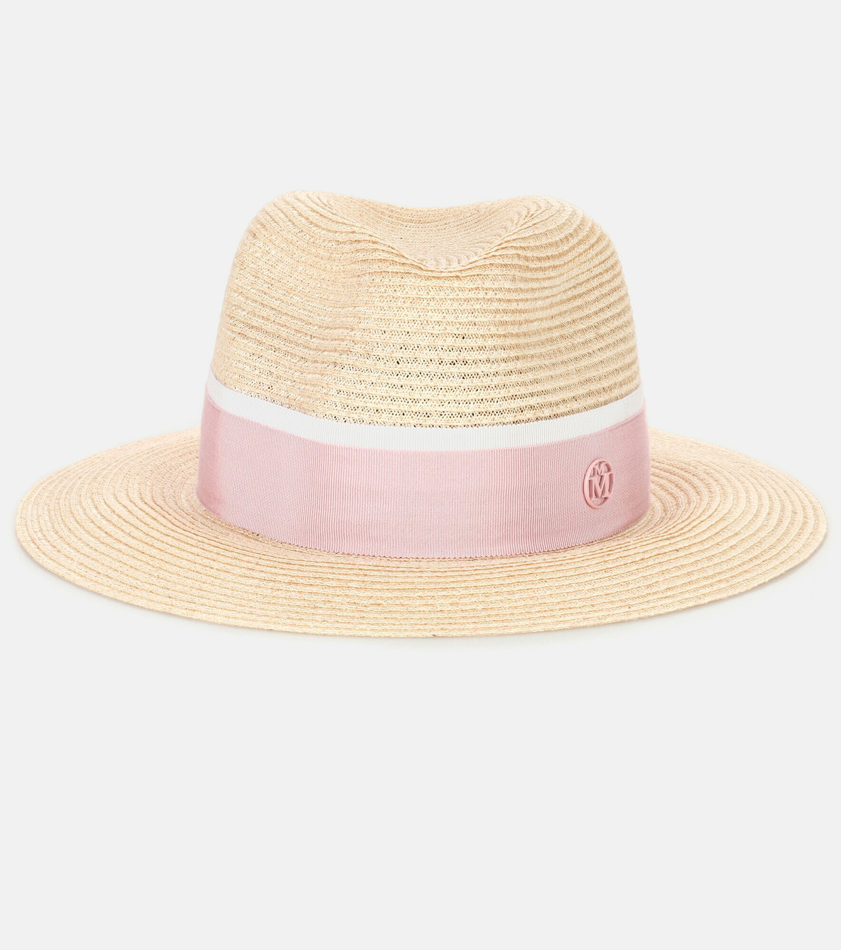 【MAISON MICHEL】Henrietta grosgrain-trimmed straw hat 帽子 Henrietta, hemp straw fedora hat with beige grosgrain ribbon