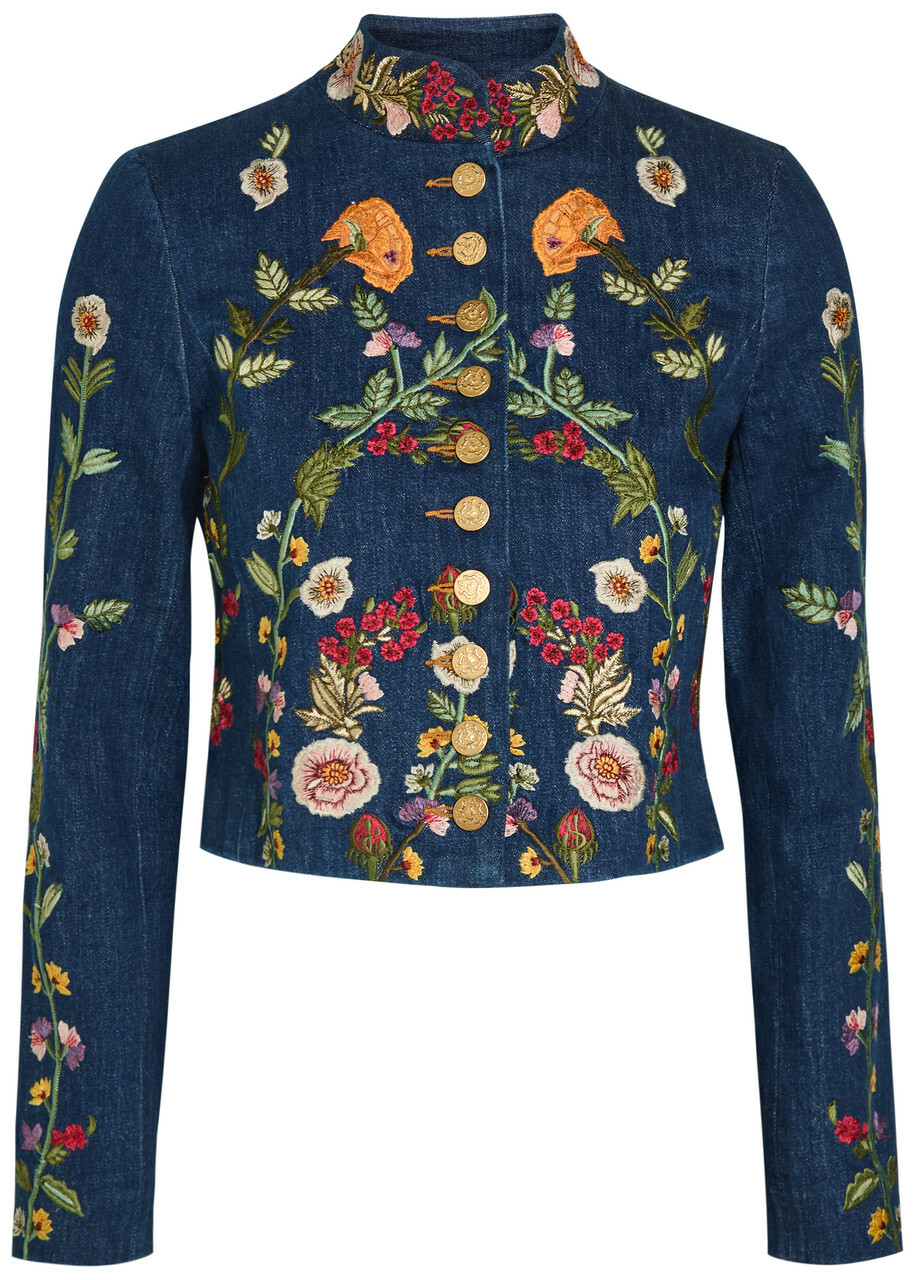 Alice + Olivia Emerson Floral-embroidered Stretch-denim Jacket Blue