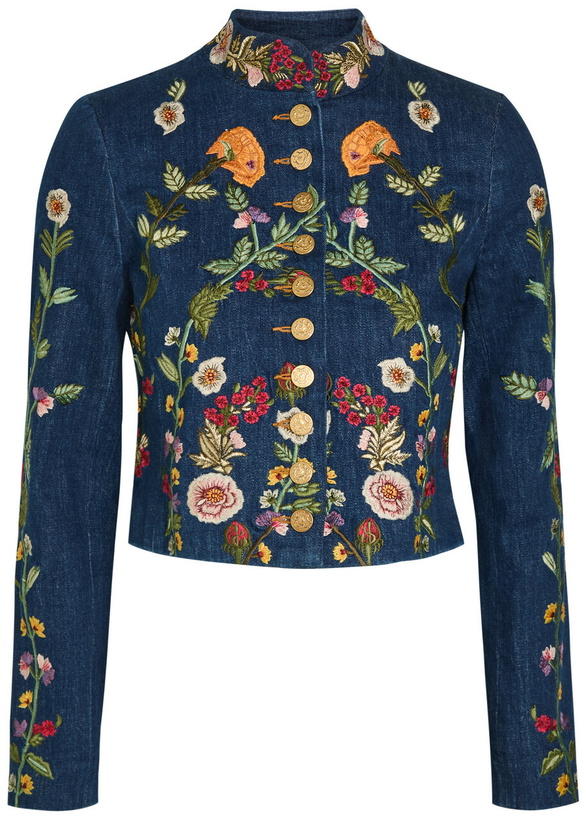 Photo: Alice + Olivia Emerson Floral-embroidered Stretch-denim Jacket Blue
