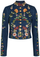 Alice + Olivia Emerson Floral-embroidered Stretch-denim Jacket Blue