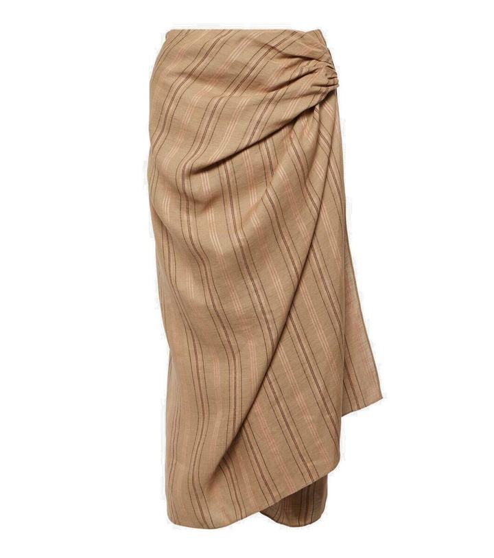 Photo: Loro Piana Leather-trimmed draped linen midi skirt