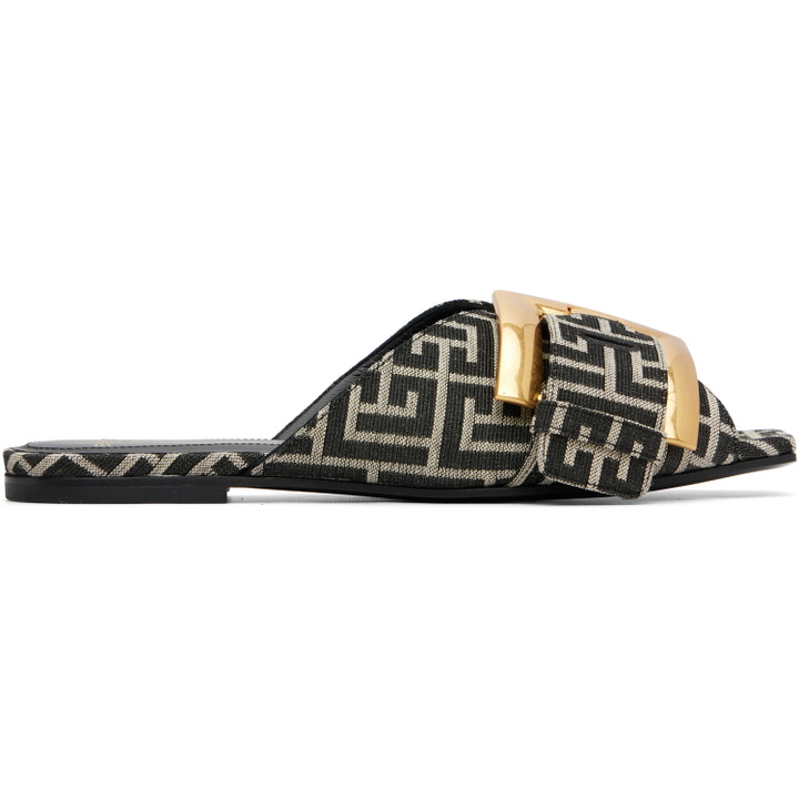 Photo: BALMAIN Black Flat Monogram Jacquard Anthem Sandals