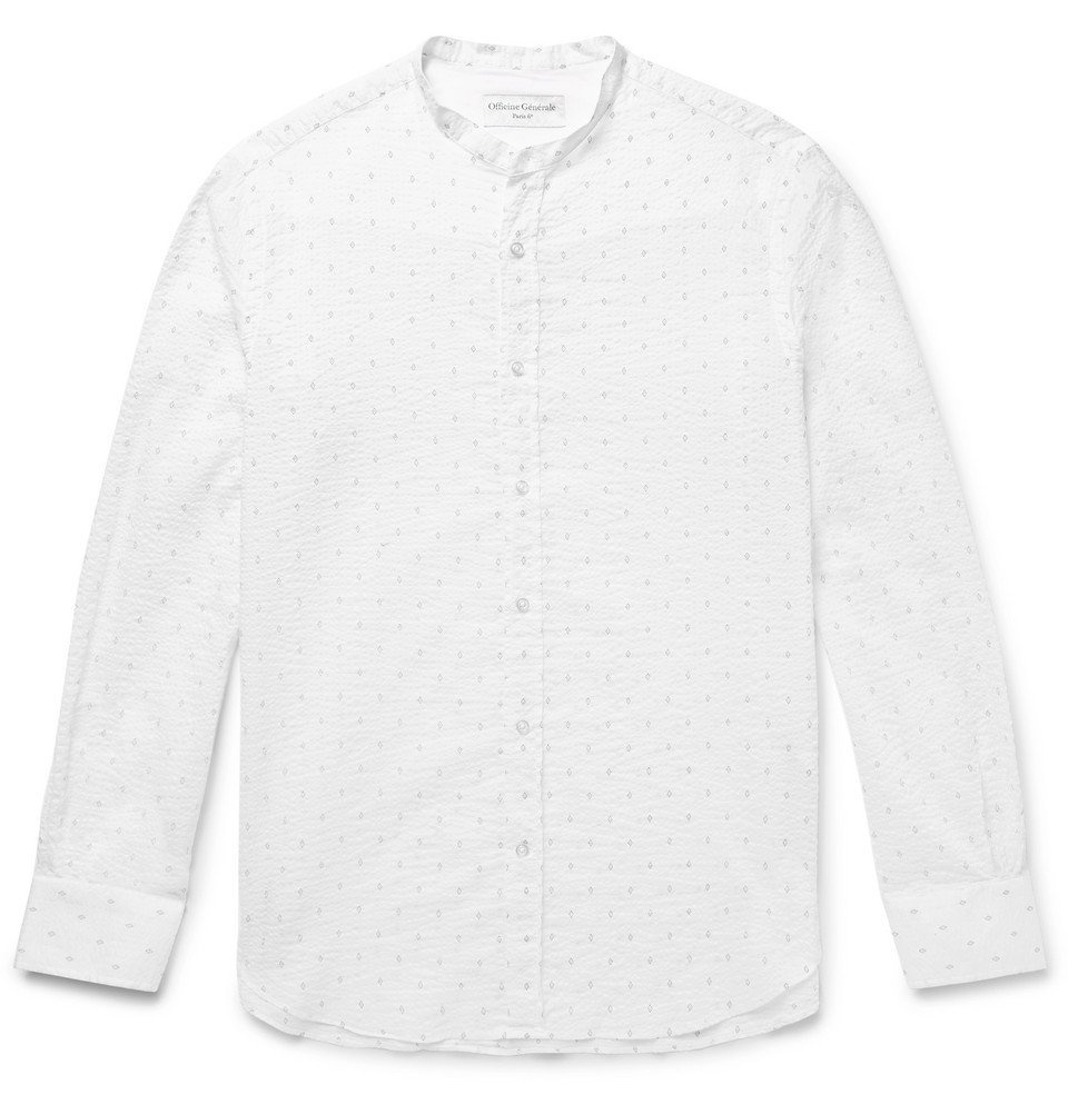 Officine Generale - Grandad-Collar Printed Cotton-Seersucker Shirt ...