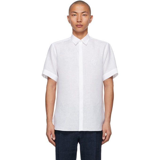 Photo: Dolce and Gabbana White Linen Embroidered DG Logo Short Sleeve Shirt