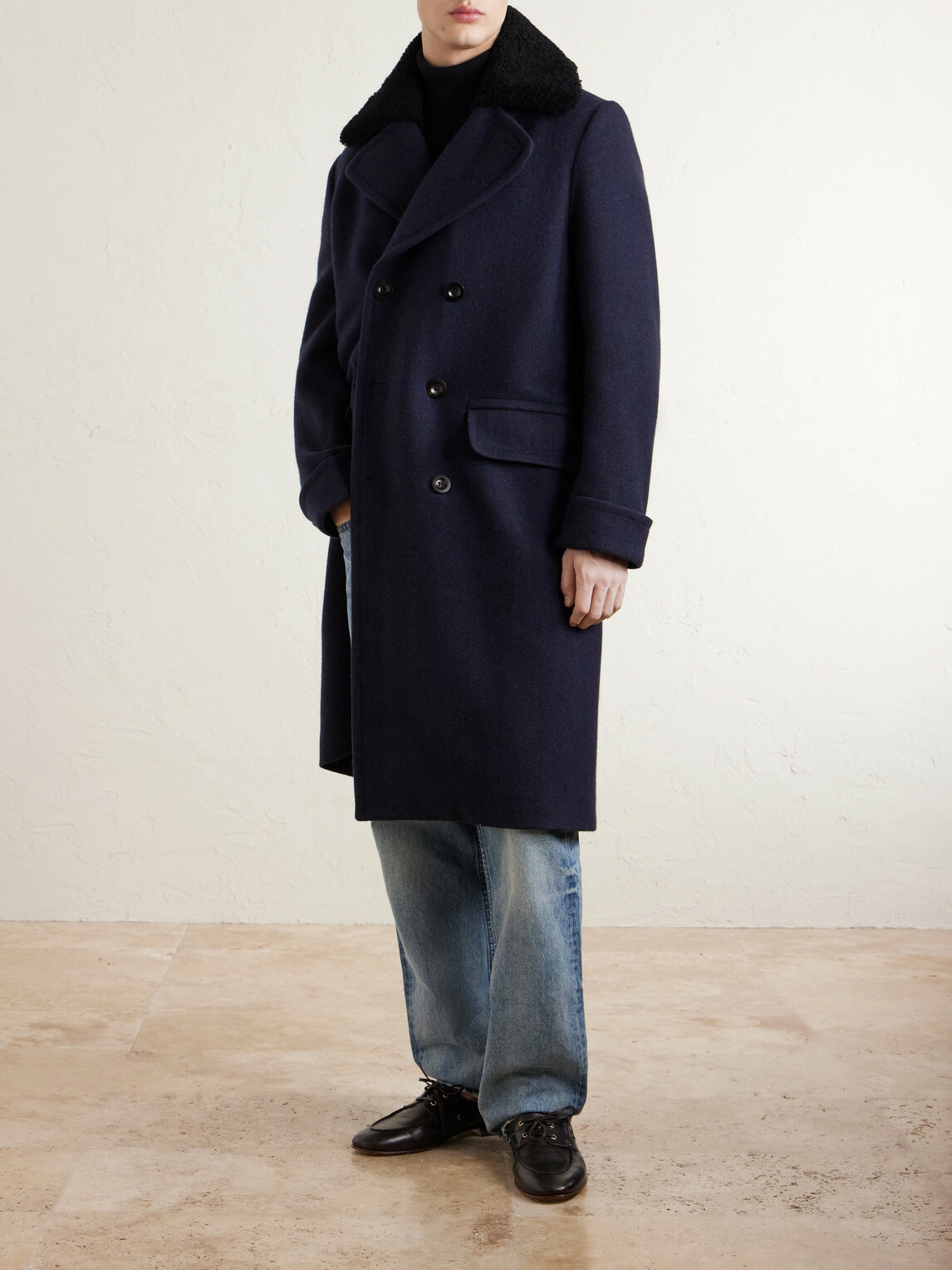 Private White V.C. - The Admiral's Great Shearling-Trimmed Merino Wool and Cashmere-Blend Coat - Blue