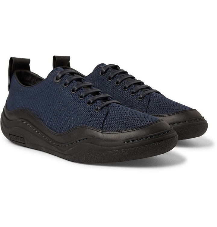 Photo: Lanvin - Leather-Trimmed Mesh Sneakers - Men - Midnight blue