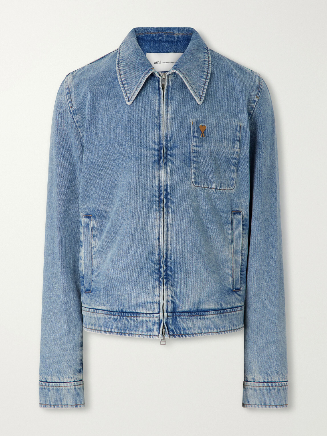 AMI PARIS - Logo-Embroidered Washed-Denim Jacket - Blue