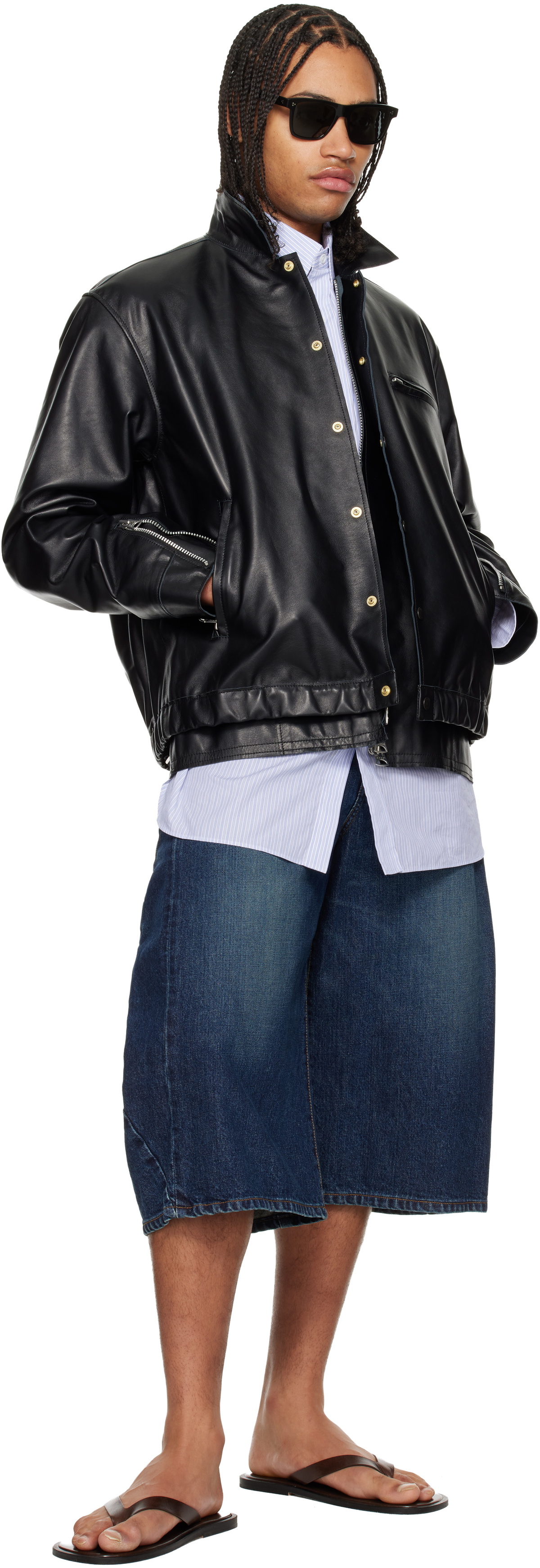 sacai Black Layered Hem Leather Jacket Sacai