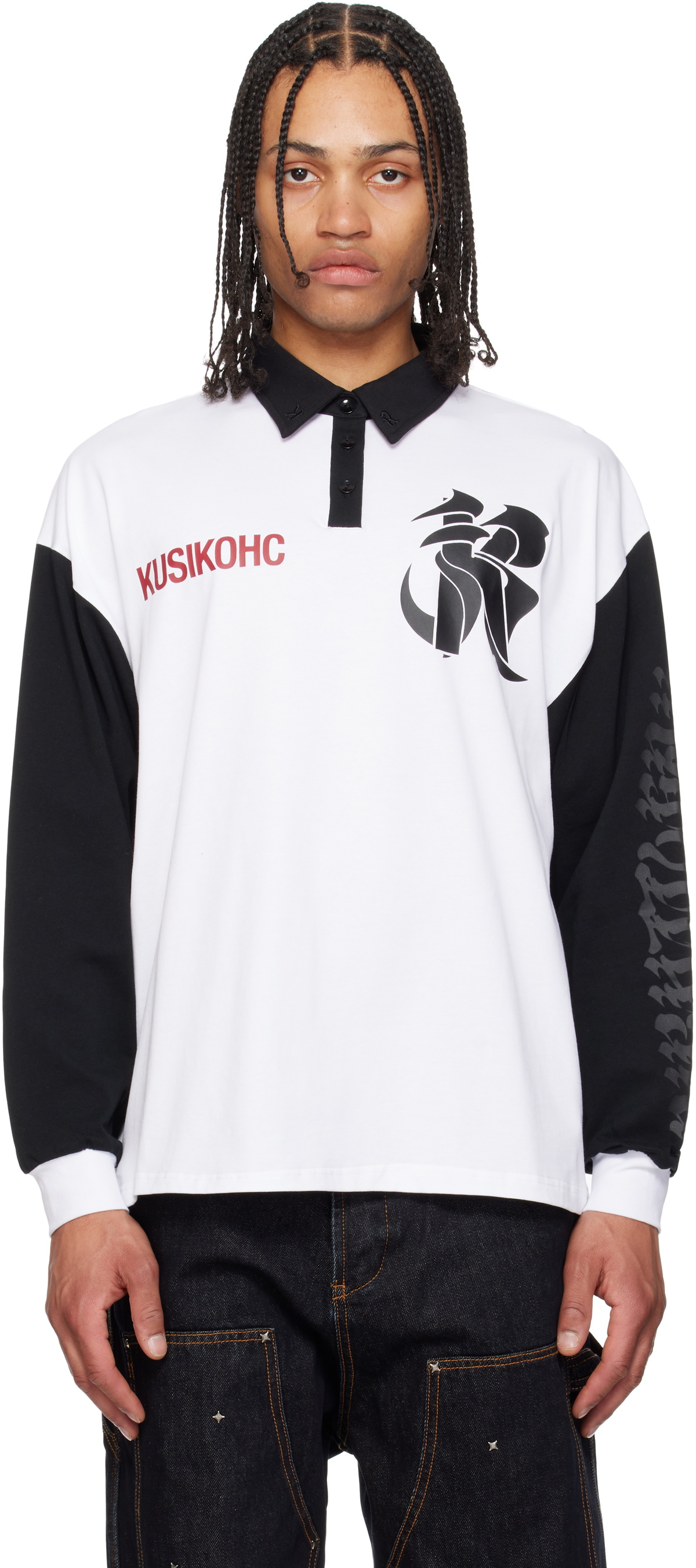 KUSIKOHC White & Black Rugby Long Sleeve Polo