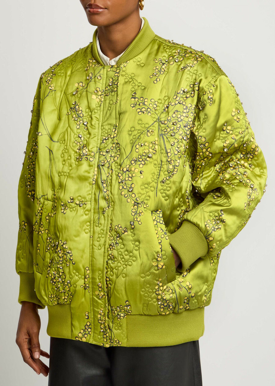 Stine Goya Floral-print Embellished Satin Bomber Jacket Green