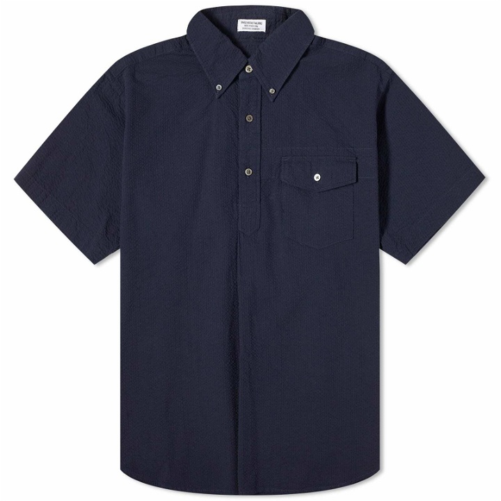 Photo: Engineered Garments Men's Popover Button Down Short Sleeve Shirt in Dark Navy Seersucker