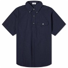Engineered Garments Men's Popover Button Down Short Sleeve Shirt in Dark Navy Seersucker