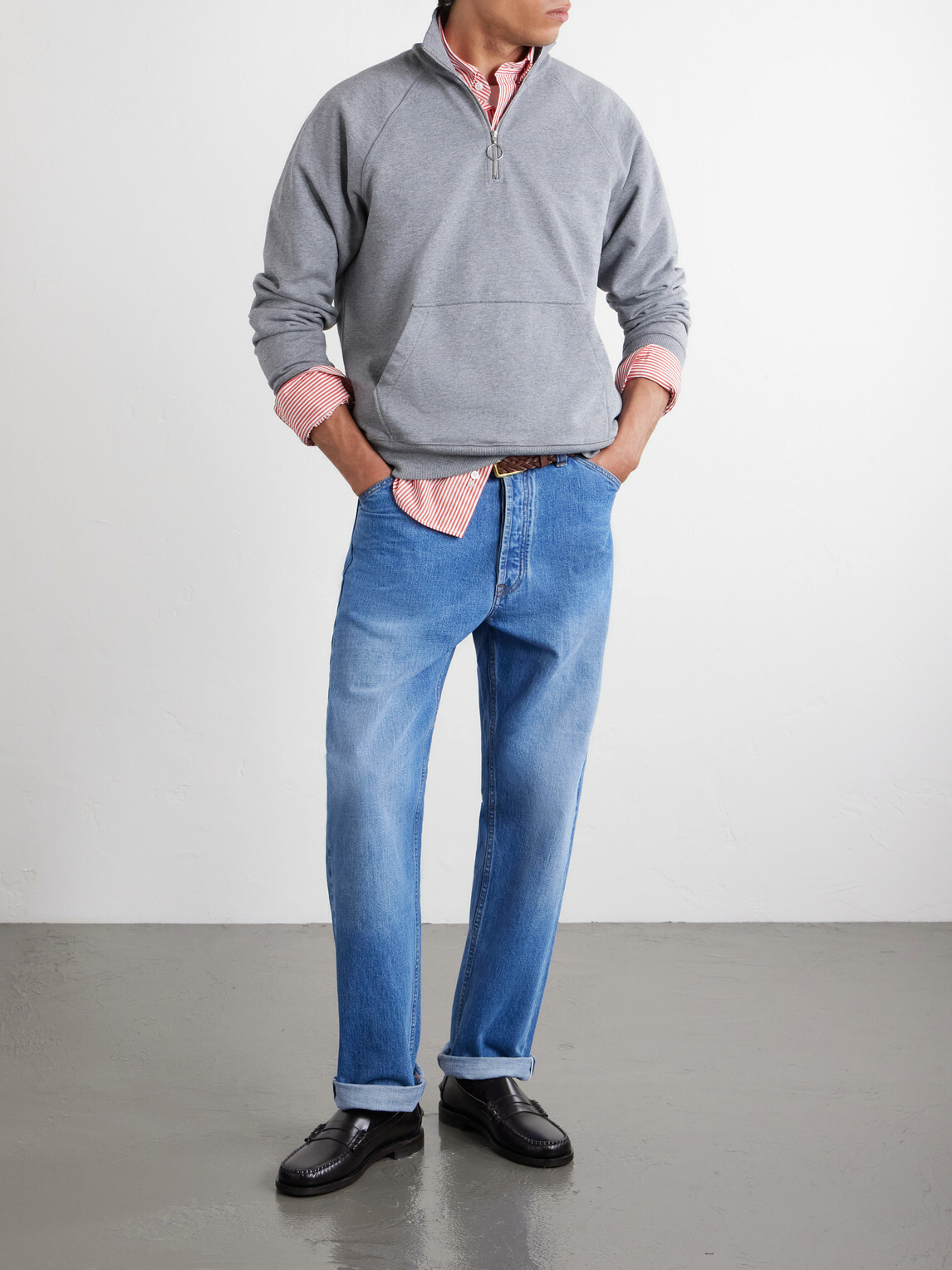 Drake's - Cotton-Jersey Half-Zip Sweater - Gray