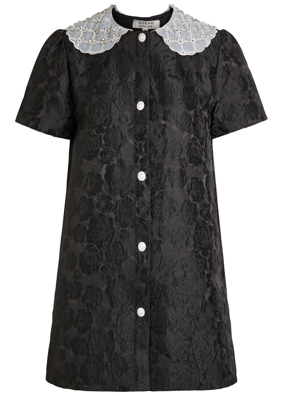 Sister Jane Chandelier Floral-jacquard Woven Mini Dress Black