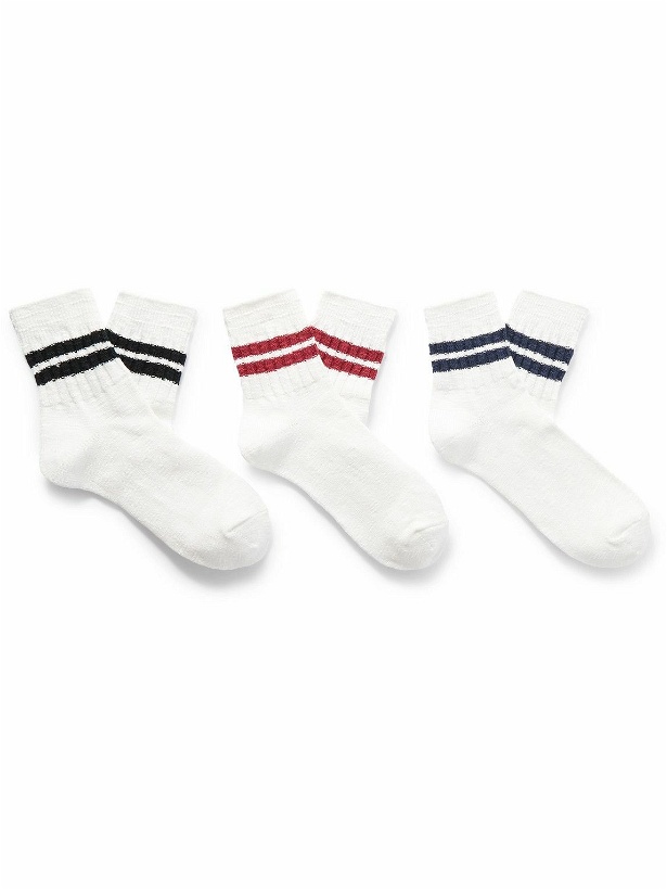 Photo: Anonymous Ism - Slub Line Q Three-Pack Ribbed Striped Cotton-Blend Socks - White