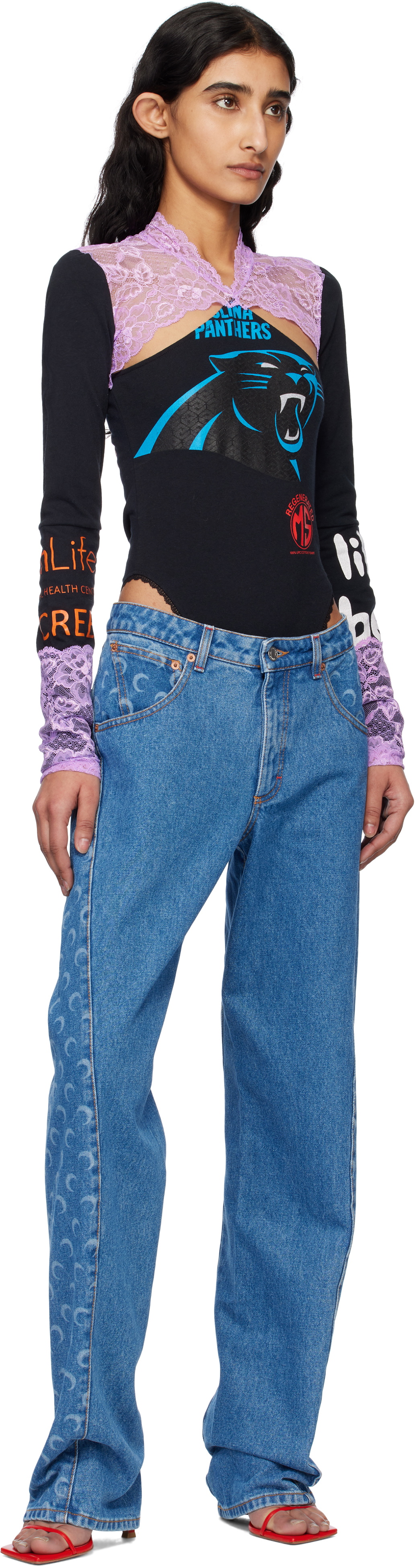 Marine Serre Black Regenerated T-shirts & Lace Long Sleeve Bodysuit