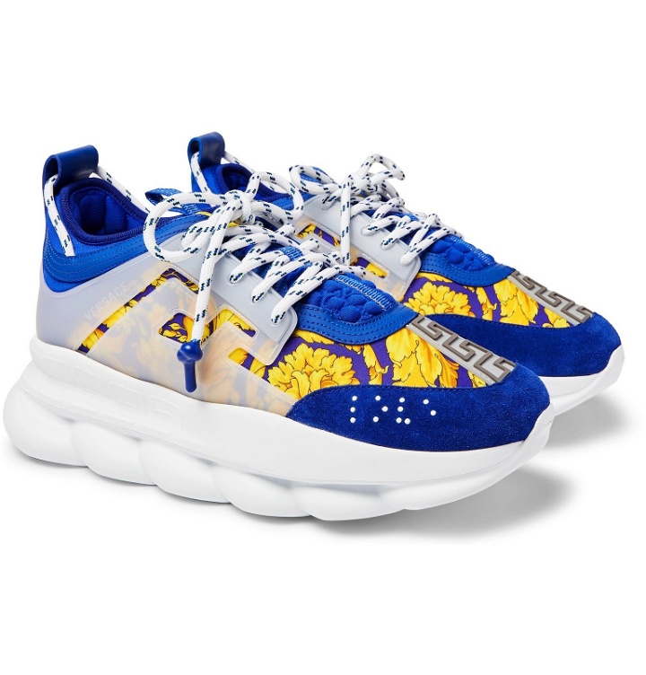 Photo: Versace - Chain Reaction Panelled Shell, Rubber And Suede Sneakers - Blue