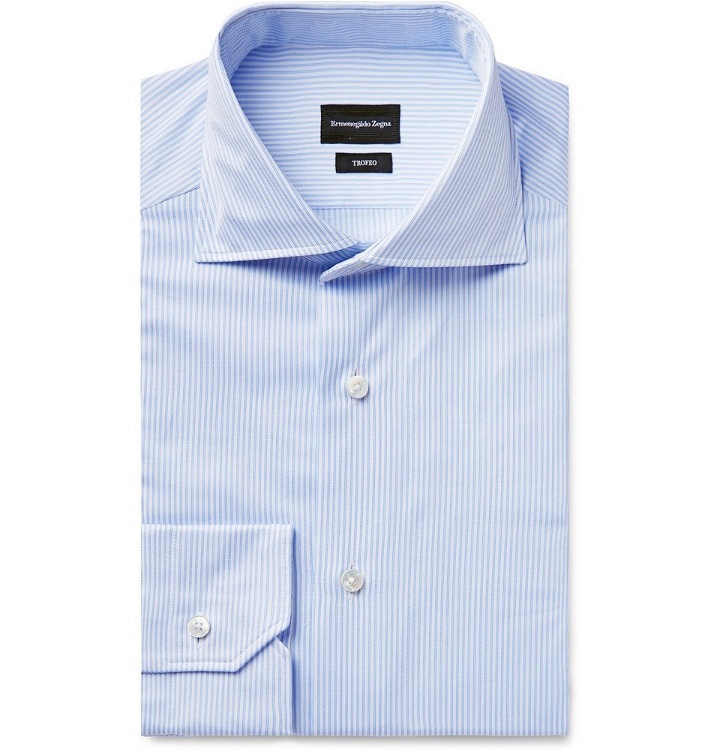 Photo: Ermenegildo Zegna - Light-Blue Trofeo Slim-Fit Cutaway-Collar Pinstriped Cotton-Poplin Shirt - Men - Blue