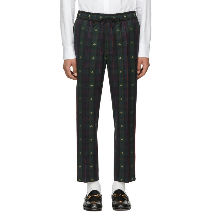 Photo: Gucci Navy and Green Wool Check Bee Iconic Trousers