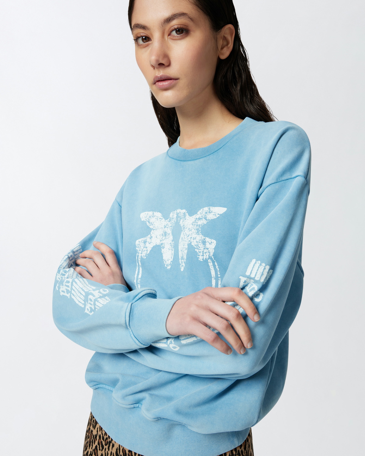 Pinko Cotton Sweatshirt With Logoed Sleeves Air Blue