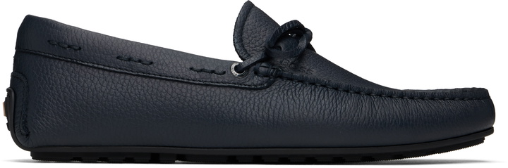 Photo: BOSS Navy Grained Leather Driver Sole Loafers