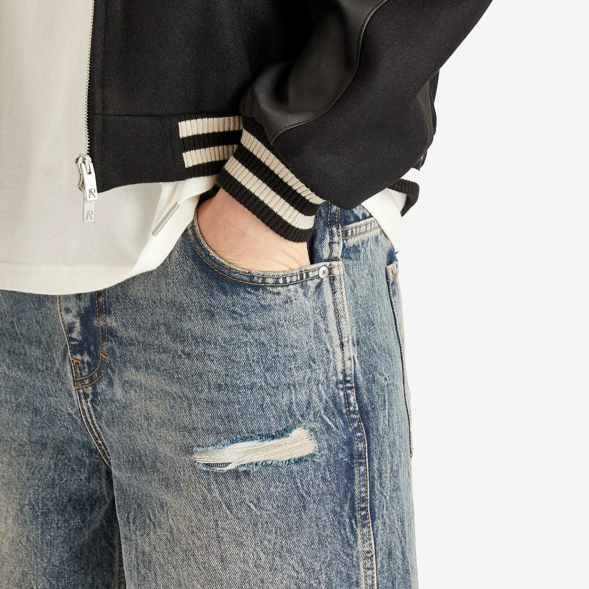Represent Men's R3 Distressed Baggy Denim in Blue/Cream