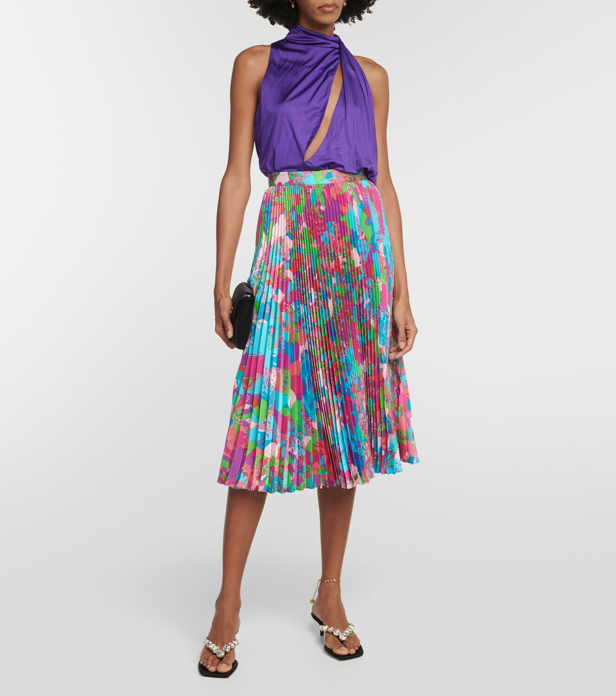 VERSACE Pleated printed silk-twill mini skirt