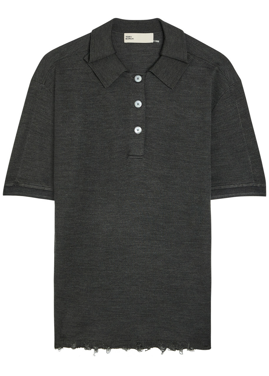 Tory Burch Distressed Silk-blend Polo top Dark Grey
