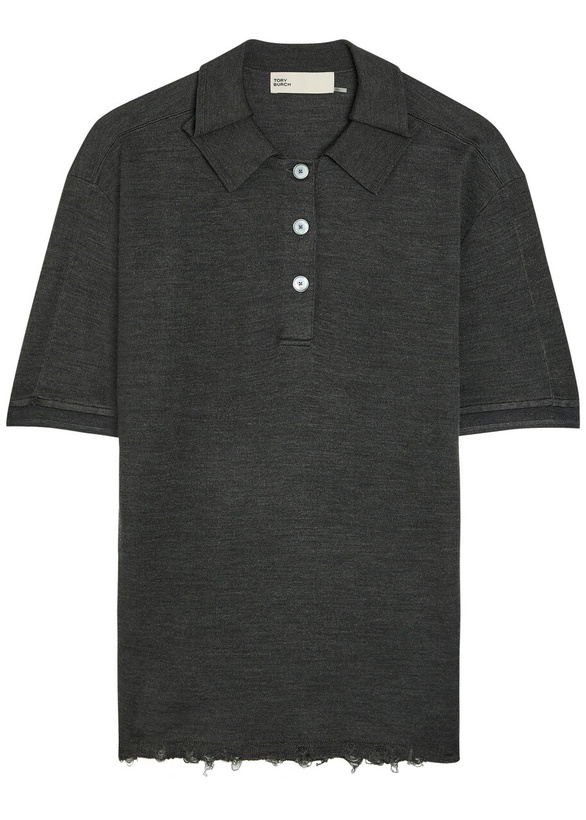 Photo: Tory Burch Distressed Silk-blend Polo top Dark Grey