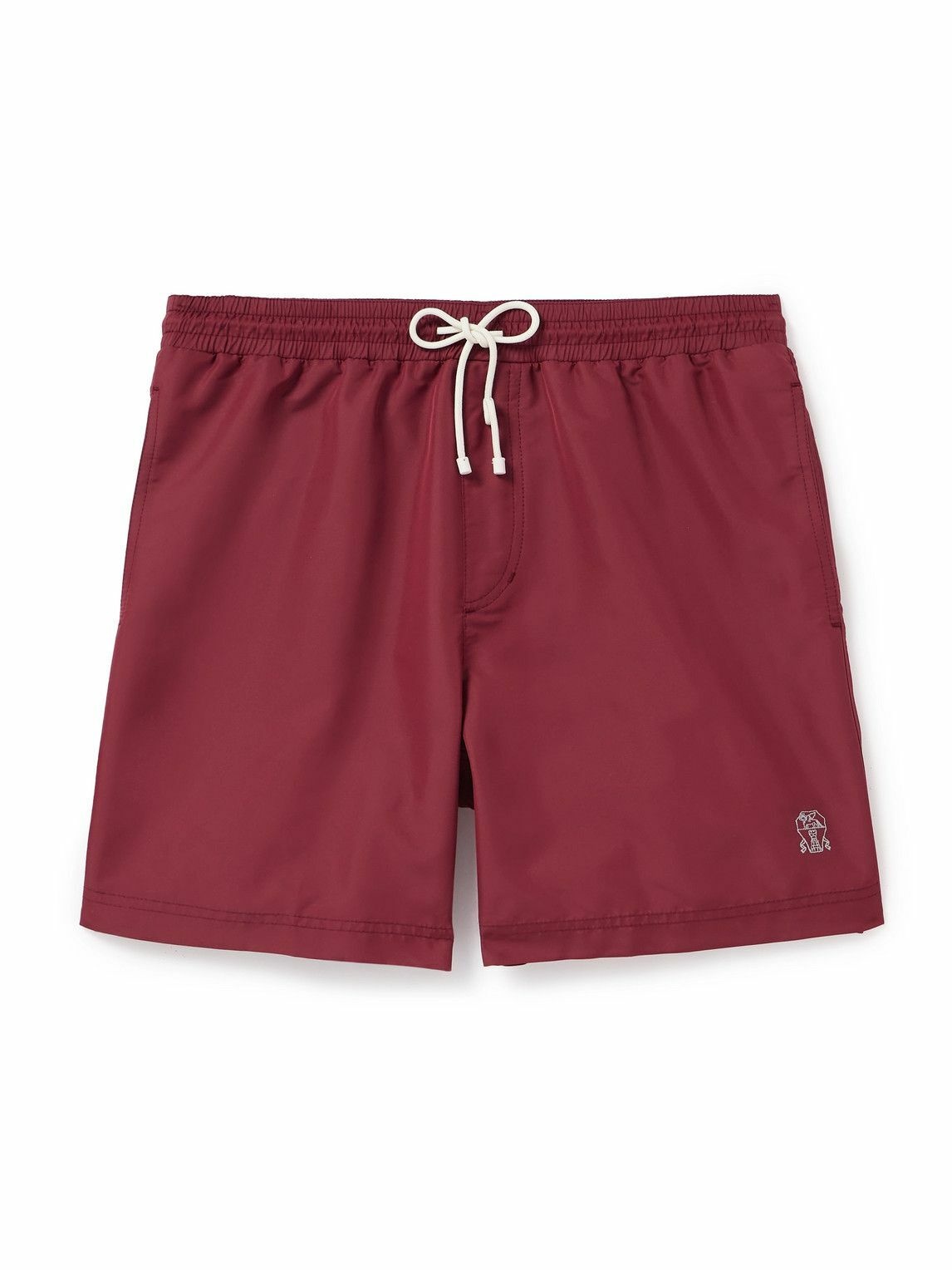 Photo: Brunello Cucinelli - Straight-Leg Mid-Length Logo-Embroidered Swim Shorts - Red