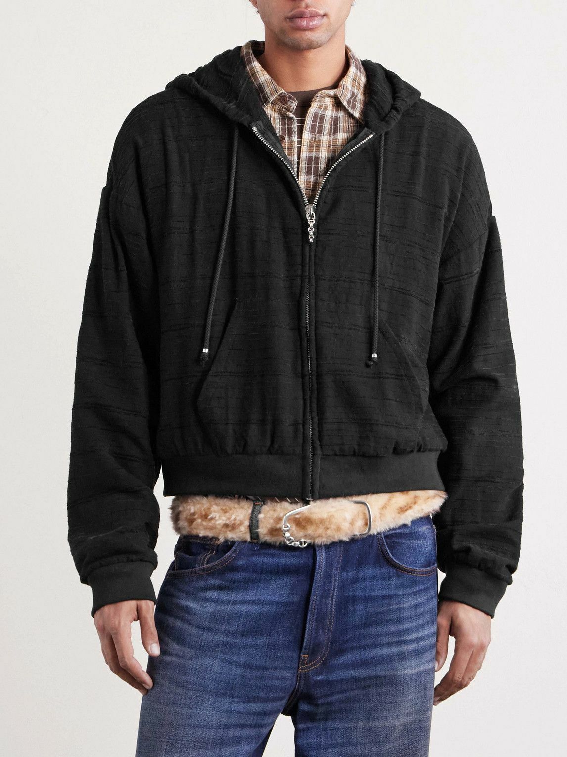424 - HOORSENBUHS Cropped Embroidered Cotton Zip-Up Hoodie - Black